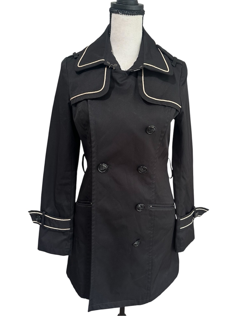 Peacebird Women’s Black Belted Trench Coat Sz S